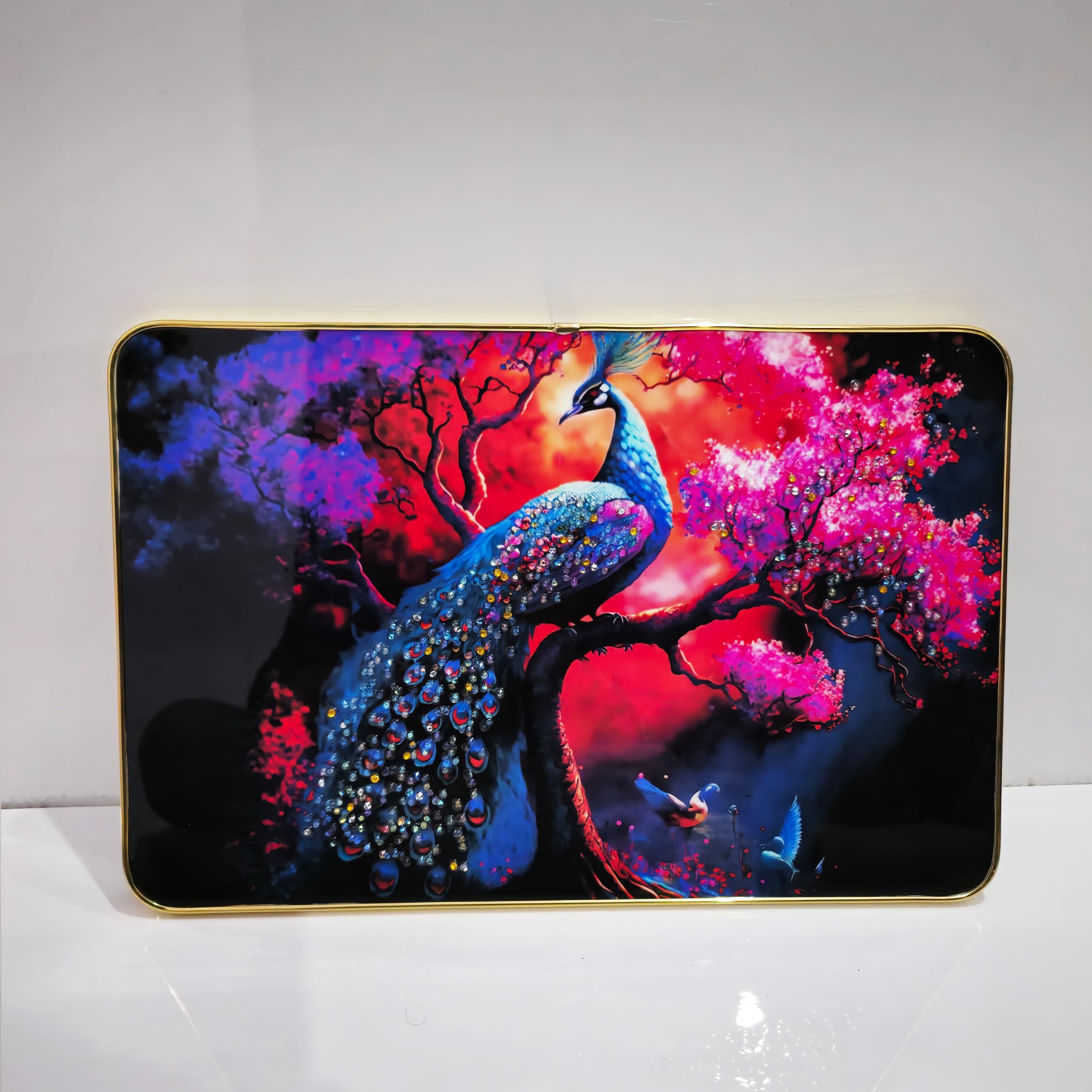 Masstone Decorative Peacock Wall Painting with Crystal Embedded High Gloss Surface Gold Slim Frame Embossed Wall Hanging Photos